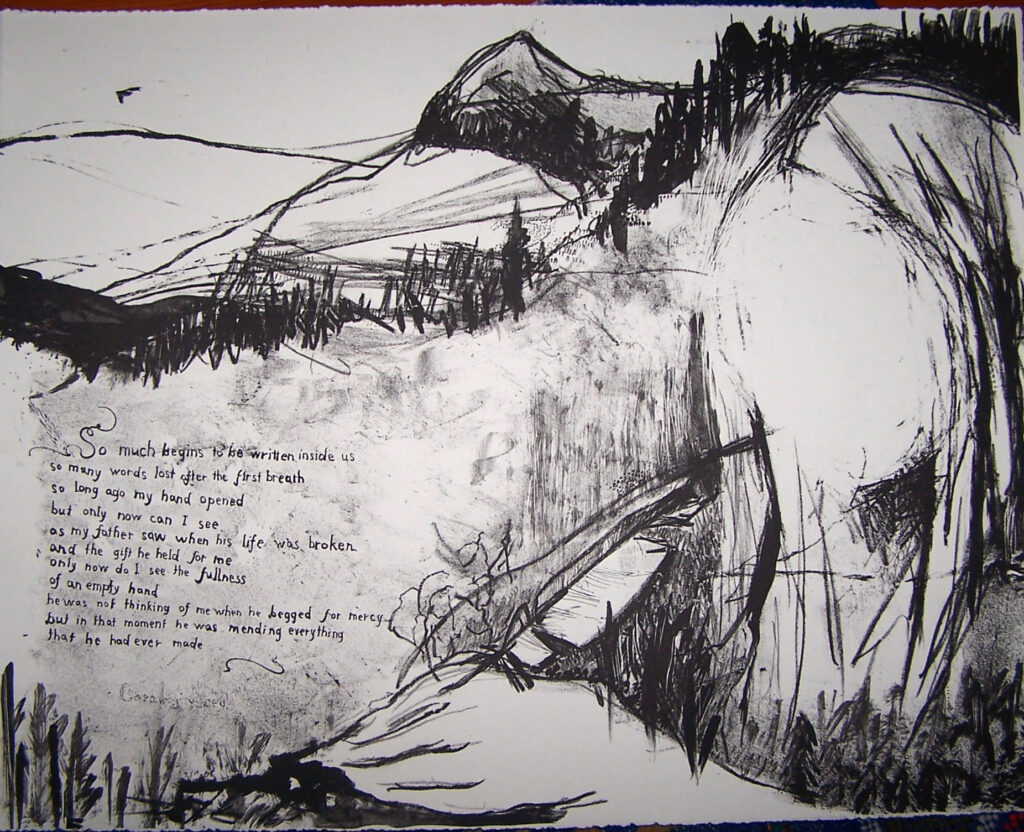 Black line drawing of mountain range with woman's profile in foreground, her hand holds quill pen and the words of her poem are written in the hills