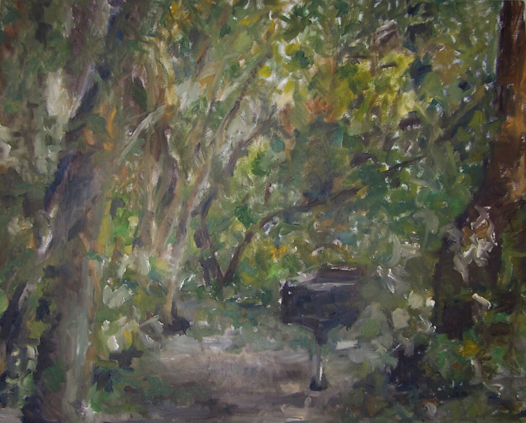 Oil painting of a picnic grill in a clearing of redwood forest