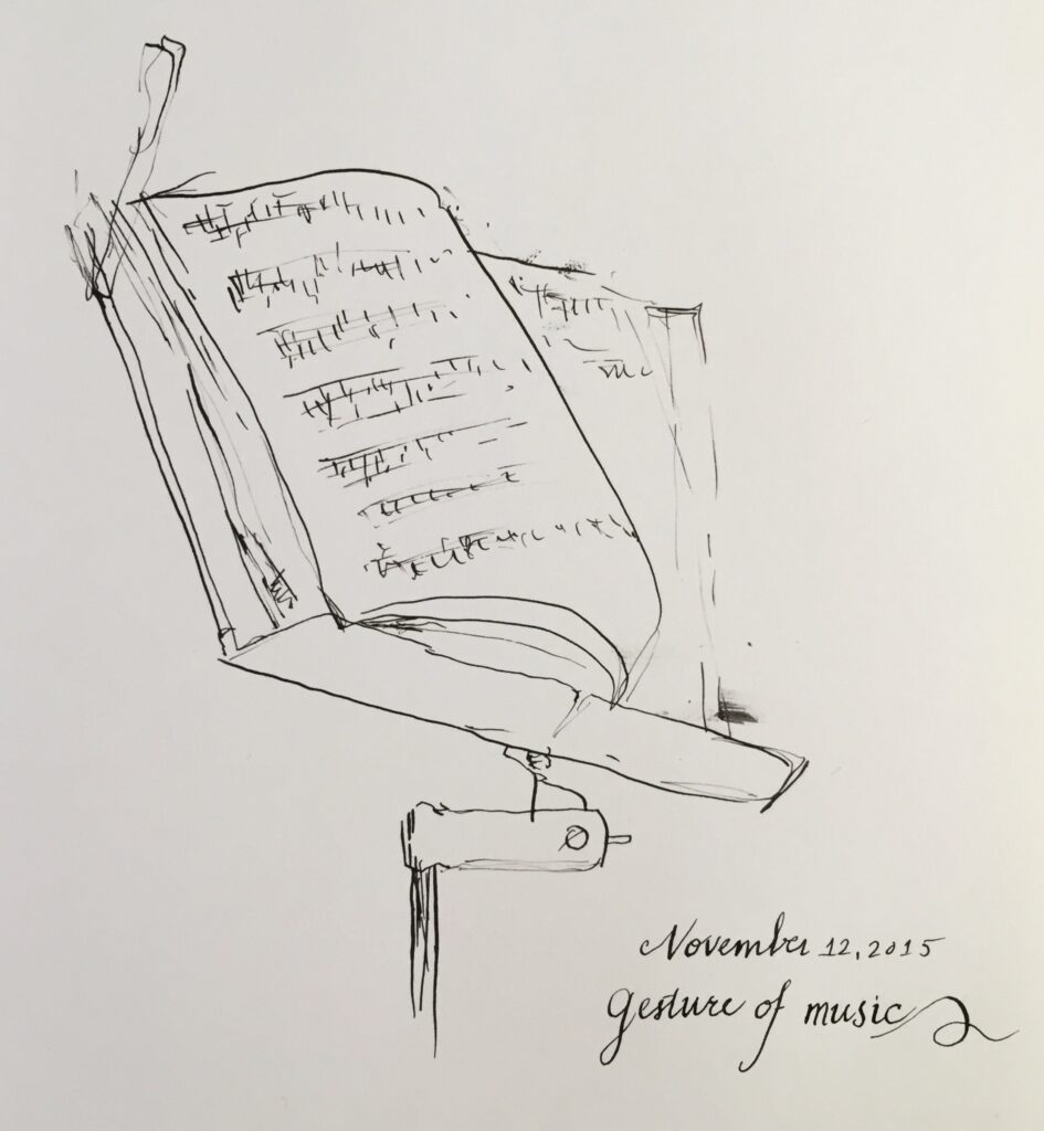 Sheet music sits at a precarious angle on a metal music stand, drawn in ink