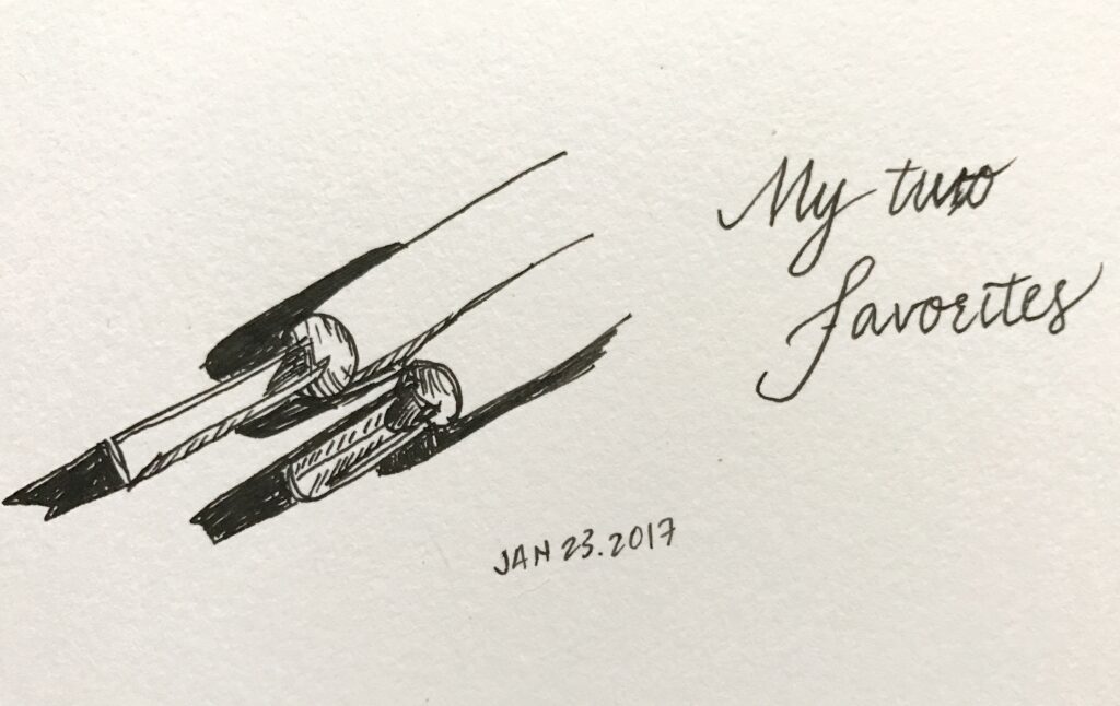 pen drawing of woodcutting tools in sharp contrast