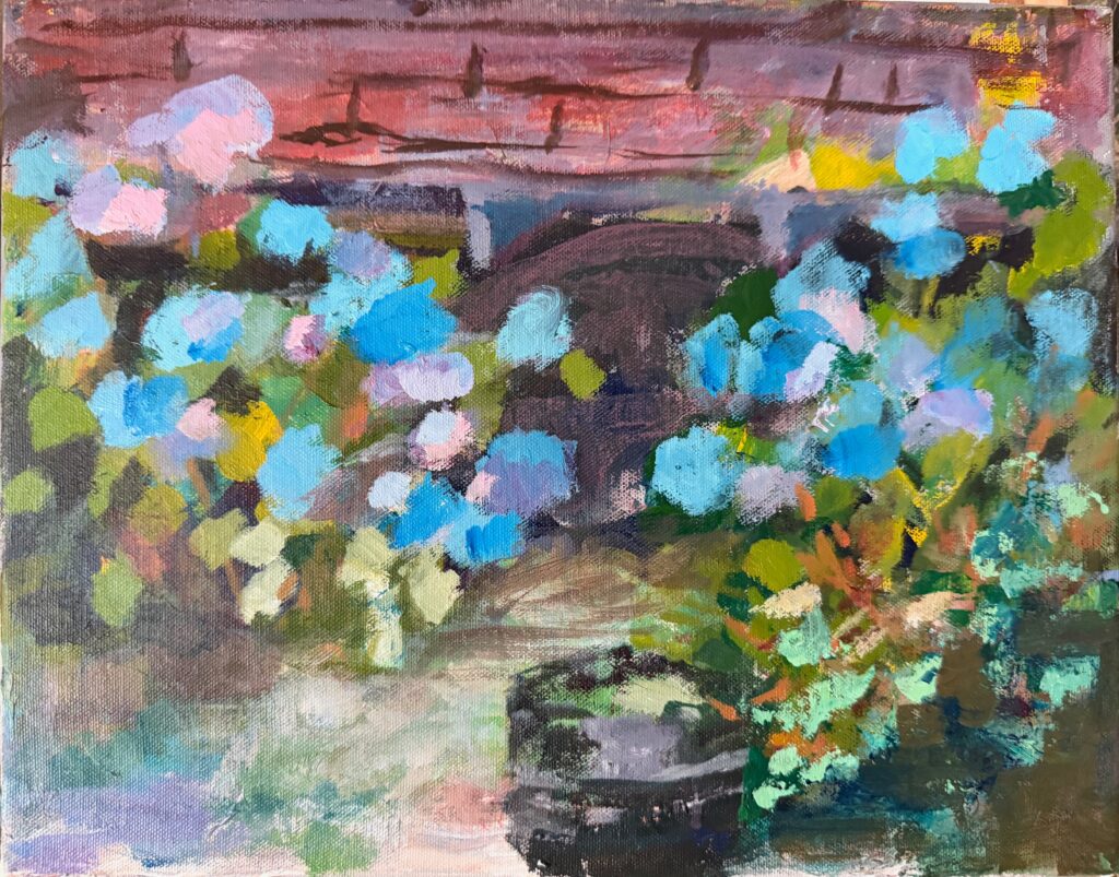 acrylic painting in a loose, impressionist-like style, of hydrangeas growing near a carport. There is a wooden barrel planter in the foreground and the roof of the carport can be seen above the hydrangeas and other shrubs.
