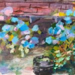 acrylic painting in a loose, impressionist-like style, of hydrangeas growing near a carport. There is a wooden barrel planter in the foreground and the roof of the carport can be seen above the hydrangeas and other shrubs.